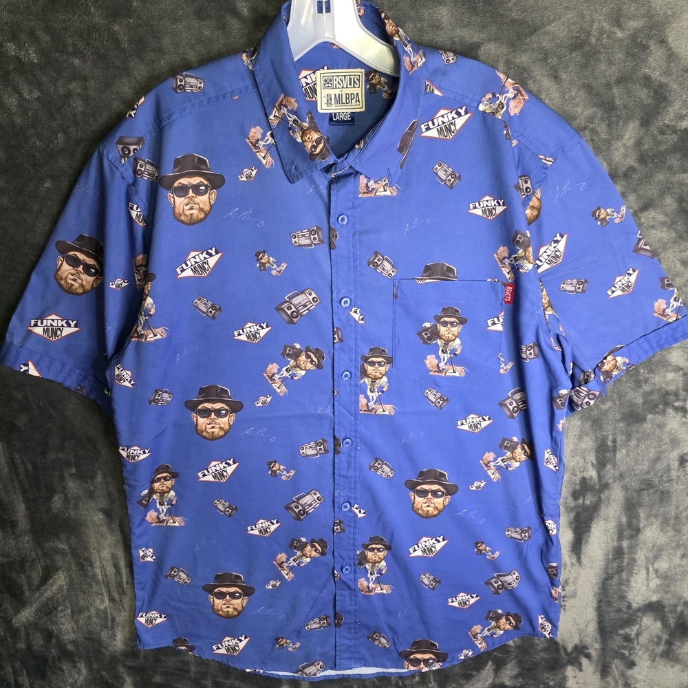MLBPA RSVLTS Shirt Mens L Blue Funky Muncy Short Sleeve Performance Stretch